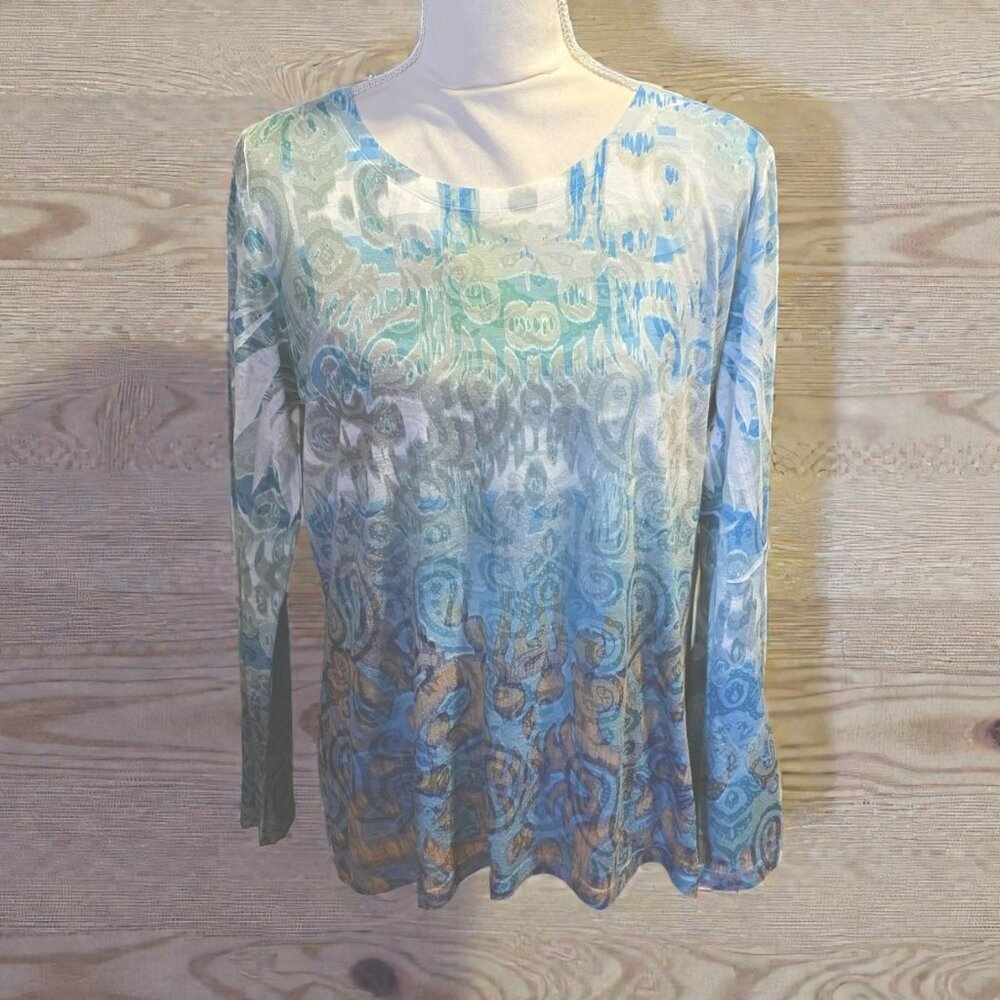 Laura Ashley Blue Teal Paisley Long Sleeve Tee